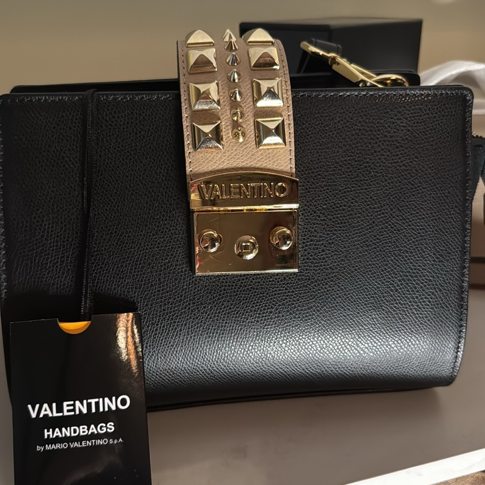 Mario Valentino Black and Gold Crossbody Bag with Studded Clasp NWT - Picture 10 of 10